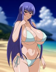 Rule 34 | 1girl, akiyama rinko, beach, bikini, breasts, huge breasts, long hair, ocean, solo, swimsuit, taimanin (series), taimanin yukikaze, yeezusdraw