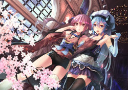 Rule 34 | 2girls, bad id, bad pixiv id, blue eyes, blue hair, bow, chandelier, cherry blossoms, detached sleeves, dutch angle, elbow gloves, flower, from below, gloves, holding hands, hat, highres, indoors, japanese clothes, lee-chan (saraki), lee (saraki), long hair, looking at viewer, mob cap, multiple girls, original, red eyes, red hair, saraki, short shorts, shorts, side slit, skirt, thighhighs, window, zettai ryouiki