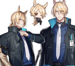 Rule 34 | 1boy, 252 gishiki, animal ears, arknights, black coat, blonde hair, blue shirt, chibi, chibi inset, coat, collared shirt, commentary request, eyes visible through hair, frown, gauntlets, hair over one eye, high collar, highres, horse boy, horse ears, horse tail, id card, looking at viewer, male focus, mlynar (arknights), multiple views, necktie, one eye closed, parted lips, shirt, short hair, short ponytail, simple background, sword, tail, upper body, weapon, white background, white necktie
