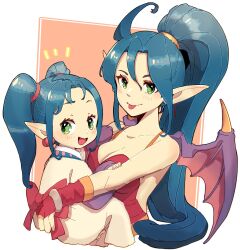 Rule 34 | 2girls, aged down, blue hair, breasts, breath of fire, breath of fire ii, cleavage, dragon girl, dragon wings, dual persona, earrings, green eyes, highres, jewelry, long hair, looking at viewer, medium breasts, multiple girls, naekam, open mouth, patty the phantom thief, pointy ears, ponytail, smile, wings