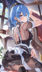 Rule 34 | 1girl, absurdres, ahoge, apron, arm support, arm up, ass, back bow, belt, black belt, black dress, black footwear, black headwear, black pantyhose, blue eyes, blue gemstone, blue hair, blush, book, book stack, bow, breasts, chair, clothes lift, curtains, day, dress, dress lift, earrings, easy chair, frilled apron, frilled dress, frills, gem, hair between eyes, hair ornament, hairclip, highres, hololive, hoshimachi suisei, hoshimachi suisei (maid), houkisei, indoors, jewelry, leaf, lifted by self, looking at viewer, looking back, maid apron, medium breasts, medium hair, nail polish, paid reward available, pantyhose, parted lips, phonograph, pink nails, plant, see-through, see-through shirt, short sleeves, sidelocks, sitting, solo, sunlight, table, tablecloth, thighs, virtual youtuber, wariza, white apron, window