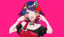 Rule 34 | 1girl, alternate costume, animal (vocaloid), black choker, black hair, black nails, black shirt, blue eyes, breasts, choker, commentary request, demon girl, demon horns, hair ornament, hairclip, halftone, horns, large breasts, long hair, looking at viewer, multicolored hair, multicolored nails, nail polish, nanashi inc., off shoulder, open mouth, pink background, red hair, red nails, ryugasaki rene, shio midori, shirt, simple background, solo, sugar lyric, two-tone hair, upper body, virtual youtuber, vocaloid