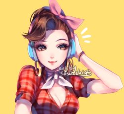Rule 34 | 1girl, alternate costume, artist name, bangle, bracelet, breasts, brown eyes, brown hair, choker, cleavage, closed mouth, cruiser d.va, d.va (overwatch), earrings, eyelashes, front-tie top, grey neckwear, hand on headphones, head scarf, headphones, hoop earrings, jewelry, long hair, looking at viewer, medium breasts, overwatch, overwatch 1, pink lips, plaid, plaid shirt, ponytail, red shirt, sasucchi95, shirt, short sleeves, signature, simple background, smile, solo, swept bangs, upper body, yellow background