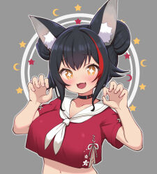 +_+ 1girl :d animal_ear_fluff animal_ears black_choker black_hair blush breasts brown_eyes choker claw_pose collarbone commentary_request crescent cropped_shirt double_bun fang grey_background hair_bun highres hololive kani_bonara large_breasts looking_at_viewer multicolored_hair navel neckerchief official_alternate_color ookami_mio ookami_mio_(another_ookami_mio) open_mouth red_hair red_serafuku sailor_collar school_uniform serafuku skin_fang smile solo star_(symbol) stomach streaked_hair upper_body virtual_youtuber white_neckerchief white_sailor_collar wolf_ears wolf_girl