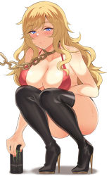 Rule 34 | 1girl, bare arms, bare shoulders, bikini, black thighhighs, blonde hair, blue eyes, blush, boots, breasts, chain, cleavage, collar, commentary request, genmon, high heel boots, high heels, highres, idolmaster, idolmaster cinderella girls, large breasts, long hair, looking at viewer, metal collar, monster energy, ohtsuki yui, red bikini, simple background, smile, solo, squatting, swimsuit, thigh boots, thighhighs, white background