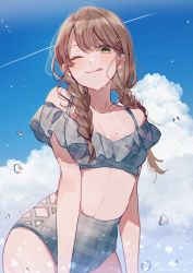 Rule 34 | 1girl, :p, blue sky, blush, braid, breasts, cloud, cross-laced clothes, cross-laced one-piece swimsuit, frilled swimsuit, frills, from below, green eyes, hair ornament, hairclip, hanako151, highres, looking at viewer, mole, mole on breast, off shoulder, one eye closed, original, outdoors, plaid, plaid swimsuit, sky, smile, solo, swimsuit, tongue, tongue out, twin braids, twintails
