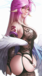 Rule 34 | 1girl, angel wings, black panties, breasts, bridal gauntlets, commentary, spiked halo, feathered wings, gradient hair, halo, highres, jibril (no game no life), k19, large breasts, lingerie, long hair, looking at viewer, low wings, magic circle, multicolored eyes, multicolored hair, no game no life, orange eyes, panties, pink hair, sideboob, solo, tattoo, thighs, underwear, underwear only, very long hair, white wings, wing ears, wings, yellow eyes