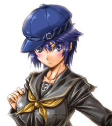 Rule 34 | 1girl, amania orz, atlus, blue eyes, blue hair, blush, breasts, cabbie hat, closed mouth, hat, looking at viewer, persona, persona 4, school uniform, sega, shirogane naoto, short hair, simple background, solo, white background, yasogami school uniform