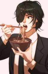 Rule 34 | black hair, black jacket, black necktie, black pants, bowl, chainsaw man, chopsticks, collared shirt, eyepatch, food, formal, highres, himeno (chainsaw man), holding, holding bowl, holding chopsticks, imminent bite, jacket, looking to the side, moon (mewnbyul), necktie, noodles, open mouth, pants, shirt, shirt tucked in, short hair, simple background, solo, suit, suit jacket, white background, white shirt