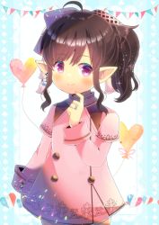 Rule 34 | 1girl, ahoge, blush, braid, brown hair, closed mouth, club (shape), commentary request, commission, diamond (shape), dress, final fantasy, final fantasy xiv, hand up, heart, jewelry, kou hiyoyo, lalafell, layered sleeves, long hair, long sleeves, pennant, pink dress, pointy ears, ponytail, purple eyes, ring, short over long sleeves, short sleeves, sidelocks, skeb commission, smile, solo, spade (shape), string of flags, warrior of light (ff14)
