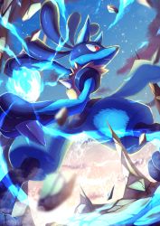 Rule 34 | :&lt;, absurdres, closed mouth, cloud, commentary request, creatures (company), energy ball, from below, frown, game freak, gen 4 pokemon, highres, legs apart, lucario, nintendo, outdoors, pokemon, red eyes, ririri (user rkrv7838), rock, sky