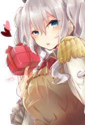 Rule 34 | 10s, 1girl, apron, artist name, blurry, bow, bowtie, box, breasts, epaulettes, eyes visible through hair, frilled sleeves, frills, gift, gift box, gloves, hair between eyes, heart, highres, kantai collection, kashima (kancolle), large breasts, long hair, looking at viewer, military, military uniform, nano (cherry line), outside border, red bow, red bowtie, signature, silver hair, solo, tongue, tongue out, twintails, uniform, upper body, valentine, wavy hair, white gloves