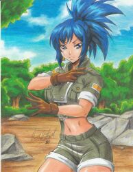 Rule 34 | 1girl, 2020, absurdres, blue eyes, blue hair, brown gloves, cowboy shot, day, earrings, female focus, forest, gloves, green jacket, green shorts, highres, jacket, jewelry, leona heidern, long hair, military jacket, military uniform, nature, navel, outdoors, ponytail, ravernclouk design, rock, shorts, sky, snk, solo, standing, the king of fighters, thick thighs, thighs, traditional media, tree, triangle earrings, uniform