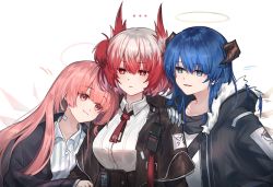 Rule 34 | ..., 3girls, animal ears, arknights, bird ears, black jacket, blue eyes, blue hair, breasts, bright pupils, collared shirt, detached wings, energy wings, fiammetta (arknights), frown, fur-trimmed hood, fur trim, gloves, grey gloves, hair between eyes, halo, hand on another&#039;s shoulder, highres, hood, hood down, hooded jacket, jacket, lemuen (arknights), long hair, long sleeves, mabing, medium breasts, mostima (arknights), multiple girls, necktie, open clothes, open jacket, parted lips, pink hair, red eyes, red hair, red necktie, shirt, short hair, short necktie, simple background, smile, striped clothes, striped shirt, white background, white pupils, white shirt, wings