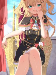 Rule 34 | 1girl, absurdres, akai haato, akai haato (gothic lolita), black dress, blonde hair, blue eyes, blue sky, blush, breasts, chair, commentary, dress, gabuchi, gothic lolita, hair ornament, hand on own chin, heart, heart hair ornament, highres, hololive, large breasts, lolita fashion, long hair, looking at viewer, open mouth, red curtains, sky, twintails, virtual youtuber, window, x hair ornament