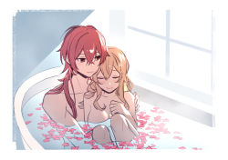 Rule 34 | 1boy, 1girl, bare shoulders, blush, breasts, cleavage, closed eyes, closed mouth, diluc (genshin impact), genshin impact, jean (genshin impact), large breasts, long hair, nude, partially submerged, petals, red eyes, red hair, rome romedo, sidelocks, sitting, smile, water, window