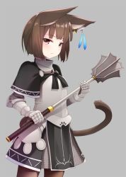 Rule 34 | 1girl, animal ear fluff, animal ears, armor, black capelet, black skirt, blush, breastplate, brown hair, brown pantyhose, capelet, cat ears, cat girl, cat tail, closed mouth, commentary request, copyright request, cowboy shot, ear piercing, gauntlets, grey background, holding, holding weapon, looking at viewer, mace, mofu namako, multicolored hair, pantyhose, piercing, red eyes, short hair, simple background, skirt, solo, tail, two-tone hair, weapon