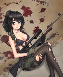 Rule 34 | 1girl, absurdres, asymmetrical gloves, ayano aishi, bikini, black gloves, black hair, blood, blood splatter, blue eyes, breasts, cleavage, cosplay, front-tie bikini top, front-tie top, gloves, gun, handgun, highres, holster, legs together, long hair, medium breasts, metal gear (series), metal gear solid v: the phantom pain, mismatched gloves, pantyhose, pistol, ponytail, quiet (metal gear), quiet (metal gear) (cosplay), rifle, scope, sniper rifle, solo, swimsuit, thigh holster, torn clothes, torn pantyhose, underboob, weapon, wild paper, yandere simulator