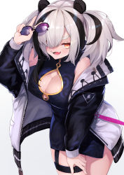 Rule 34 | 1girl, :d, absurdres, animal ears, arknights, bare shoulders, black dress, breasts, china dress, chinese clothes, cleavage, cleavage cutout, clothing cutout, commentary request, cowboy shot, dress, unworn eyewear, fang, feater (arknights), female focus, hair over one eye, hand up, highres, holding, holding removed eyewear, jacket, large breasts, long hair, long sleeves, looking at viewer, mari0ball, multicolored hair, off shoulder, open clothes, open jacket, open mouth, orange eyes, panda ears, panda girl, round eyewear, silver hair, skin fang, sleeveless, sleeveless dress, smile, solo, streaked hair, sunglasses, thigh strap, twintails, v, white jacket