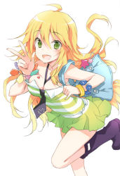 Rule 34 | 1girl, :d, ahoge, bag, between breasts, blonde hair, boots, bracelet, breasts, cleavage, cuteg, green eyes, heart, hoshii miki, idolmaster, idolmaster (classic), jewelry, necktie, open mouth, rubber boots, shoulder bag, simple background, smile, solo, v