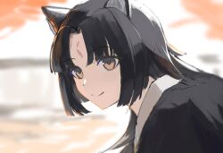 Rule 34 | 1girl, absurdres, animal ear fluff, animal ears, arknights, black hair, black kimono, blurry, blurry background, brown eyes, closed mouth, commentary request, depth of field, dog ears, facial mark, forehead mark, from side, highres, japanese clothes, kimono, long hair, looking at viewer, looking to the side, parted bangs, saga (arknights), smile, solo, upper body, uryu (uryu0329)