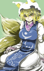 Rule 34 | 1girl, animal hat, blonde hair, breasts, dress, fox tail, ginji (sakaki summer), hat, hat with ears, large breasts, long sleeves, looking at viewer, mob cap, multiple tails, mob cap, sitting, smile, solo, tabard, tail, touhou, white dress, yakumo ran, yellow eyes