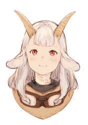 Rule 34 | 1girl, absurdres, animal ears, blunt bangs, blush, goat ears, goggles, highres, horns, ikoan, long hair, looking at viewer, original, portrait, red eyes, simple background, smile, solo, white background, white hair