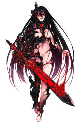 Rule 34 | 1girl, armor, asymmetrical armor, barefoot, black eyes, black hair, breasts, corruption, cursed sword (monster girl encyclopedia), deep skin, evil smile, full body, gradient hair, heterochromia, highres, holding, holding sword, holding weapon, kenkou cross, large breasts, long hair, looking at viewer, monster girl encyclopedia, monster girl encyclopedia ii, multicolored hair, navel, official art, purple hair, red eyes, revealing clothes, simple background, smile, solo, standing, sword, toes, unsheathed, very long hair, warrior, weapon, white background
