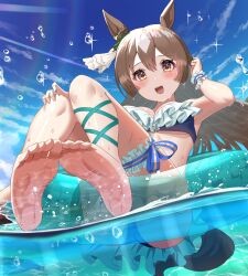 Rule 34 | 1girl, absurdres, alternate costume, animal ears, arm up, armpits, bare shoulders, barefoot, beach, bikini, blue bikini, blue innertube, blush, breasts, cleavage, commentary request, ear ornament, feet, foot focus, frilled bikini, frills, hair between eyes, highres, horse ears, horse girl, horse tail, large breasts, long hair, looking at viewer, multicolored hair, multiple girls, ocean, open mouth, outdoors, partially submerged, red innertube, sand, satono diamond (umamusume), smile, soles, solo, streaked hair, swimsuit, tail, teeth, thigh strap, toes, umamusume, upper teeth only, wanderlucia, water, white hair, yellow eyes