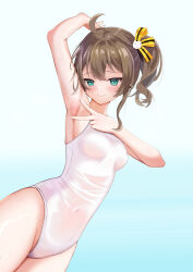 Rule 34 | 1girl, absurdres, ahoge, aqua eyes, armpits, bare shoulders, blue background, blush, breasts, brown hair, closed mouth, competition swimsuit, covered navel, cowboy shot, gradient background, hair ribbon, highres, hololive, looking at viewer, medium breasts, natsuiro matsuri, one-piece swimsuit, oniku (o29sukizero), ribbon, see-through, short hair, side ponytail, smile, solo, spread armpit, swimsuit, virtual youtuber, wet, wet clothes, wet swimsuit, white one-piece swimsuit, yellow ribbon