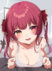 Rule 34 | 1girl, bare shoulders, blush, breasts, cleavage, collarbone, fang, hair ribbon, heterochromia, hololive, houshou marine, inuyama nanami, large breasts, long hair, looking at viewer, open mouth, red eyes, red hair, ribbon, smile, solo, twintails, virtual youtuber, wet, yellow eyes