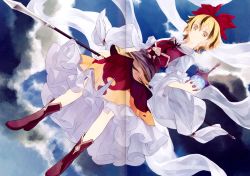 Rule 34 | 1girl, absurdres, bishamonten&#039;s pagoda, blonde hair, boots, bow, cloud, crease, frilled skirt, frills, highres, long sleeves, looking at viewer, multicolored hair, polearm, scan, shihou (g-o-s), short hair, skirt, sky, smile, solo, spear, tiger stripes, toramaru shou, touhou, two-tone hair, vest, weapon, wide sleeves, yellow eyes