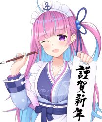 Rule 34 | 1girl, ;d, ahoge, anchor, blue hair, blue kimono, blue nails, blunt bangs, blush, calligraphy brush, colored inner hair, fingernails, hair ornament, hands up, highres, holding, holding paintbrush, hololive, japanese clothes, kimono, long hair, long sleeves, minato aqua, minato aqua (new year), multicolored clothes, multicolored hair, multicolored kimono, nail polish, new year, obi, one eye closed, one side up, open mouth, paintbrush, pink hair, purple eyes, sash, seventeen (st17215), simple background, smile, solo, two-tone hair, upper body, very long hair, virtual youtuber, white background