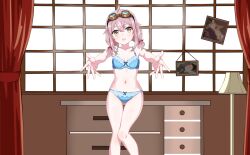 Rule 34 | 1girl, absurdres, ace taffy, achmad faisal, belly, blue bra, blue panties, blush, blush stickers, bra, breasts, commission, cupboard, curtains, fingers, goggles, goggles on head, hair ribbon, highres, indie virtual youtuber, kinirotofu, lamp, looking at viewer, navel, nose, open mouth, panties, photo (object), pink hair, ribbon, short hair, simple background, small breasts, solo, thighs, twintails, underwear, underwear only, virtual youtuber, wallpaper, window, yellow eyes