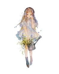 Rule 34 | 1girl, black socks, blue flower, brown eyes, brown footwear, brown hair, bug, butterfly, butterfly on hand, commentary, dress, flower, forget-me-not (flower), full body, highres, holding, holding watering can, insect, legs apart, long hair, looking at viewer, niwa haruki, no pupils, original, puffy sleeves, shoes, short dress, sidelocks, simple background, socks, solo, straight-on, swept bangs, symbol-only commentary, watering can, white background, white dress