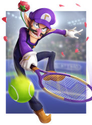 Rule 34 | 1boy, ball, blue overalls, blurry, blurry background, border, brown hair, crowd, facial hair, flower, full body, gloves, gonzarez, hat, highres, holding, initial, long nose, long sleeves, looking at viewer, male focus, mario (series), mario tennis, motion blur, mustache, nintendo, nose, open mouth, overalls, playing sports, purple sweater, racket, rose, shoes, sideburns, smile, solo, playing sports, stadium, sweater, tennis ball, tennis racket, v-shaped eyebrows, waluigi