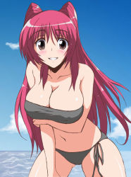 Rule 34 | 00s, 1girl, bare arms, bare legs, bare shoulders, beach, bikini, black bikini, blush, breast hold, breasts, brown eyes, cleavage, cloud, collarbone, day, eyebrows hidden by hair, eyes visible through hair, grin, hair between eyes, kousaka tamaki, large breasts, leaning, leaning forward, long hair, looking at viewer, midriff, navel, ocean, outdoors, red hair, side-tie bikini bottom, sky, smile, solo, standing, straight hair, strapless, strapless bikini, swimsuit, tekuni amane, thick thighs, thighs, to heart (series), to heart 2, twintails, very long hair, water