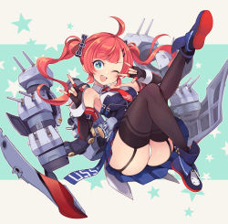 Rule 34 | + +, 1girl, ;d, ahoge, ass, azur lane, bare shoulders, black gloves, blue eyes, blue footwear, blue shirt, blue skirt, blush, boots, breasts, brown thighhighs, cannon, collared shirt, commentary request, elbow gloves, fingerless gloves, garter straps, gloves, hair ornament, hairclip, head tilt, highres, leg up, long hair, looking at viewer, medium breasts, necktie, one eye closed, open mouth, panties, pleated skirt, red hair, red necktie, round teeth, san diego (azur lane), shirt, short necktie, sidelocks, skirt, sleeveless, sleeveless shirt, smile, solo, teeth, thighhighs, turret, twintails, underwear, upper teeth only, very long hair, white panties, yuko (uc yuk)