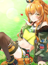Rule 34 | 1girl, absurdres, animal ears, arm support, artist name, black footwear, black thighhighs, blowing kiss, blush, bow, closed mouth, commentary request, crop top, day, dog tags, ear ribbon, emblem, grass, green jacket, half-closed eyes, highres, horse ears, horse girl, horse tail, jacket, leaning back, lens flare, leonis g, long hair, long sleeves, looking at viewer, mayano top gun (umamusume), midriff, navel, off shoulder, open clothes, open jacket, orange eyes, orange hair, outdoors, partial commentary, shirt, shoes, short shorts, shorts, signature, sitting, smile, solo, tail, thigh gap, thigh strap, thighhighs, two side up, umamusume, white shorts, yellow shirt
