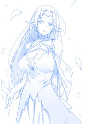 Rule 34 | 1girl, animal, bird, bird on hand, blue theme, breasts, circlet, cleavage, collarbone, dress, elf, female focus, himura kiseki, large breasts, long hair, monochrome, original, parted lips, petals, pointy ears, simple background, solo, white background