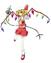 Rule 34 | 1girl, absurdres, ascot, bad id, bad pixiv id, blonde hair, embodiment of scarlet devil, female focus, flandre scarlet, foreshortening, full body, grin, hat, hat ribbon, highres, kenii, kenuu (kenny), laevatein, outstretched arm, red eyes, ribbon, short hair, side ponytail, skirt, smile, solo, touhou, transparent background, wings
