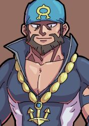 Rule 34 | 1boy, anchor necklace, archie (pokemon), bandana, bara, beard, black eyes, blue bandana, blue bodysuit, bodysuit, brown hair, creatures (company), dark-skinned male, dark skin, diving suit, facial hair, game freak, jewelry, large pectorals, logo, looking at viewer, male focus, mature male, multicolored bodysuit, multicolored clothes, muscular, muscular male, necklace, nintendo, pectoral cleavage, pectorals, pokemon, pokemon oras, short hair, smile, solo, straight-on, thick eyebrows, torn bodysuit, torn clothes, upper body, v-taper, wetsuit, white bodysuit, yaso80hachi