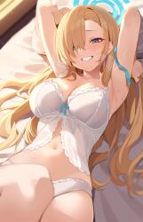 Rule 34 | 1girl, absurdres, armpits, asuna (blue archive), bed, bed sheet, blue archive, blue eyes, blue halo, blush, bra, breasts, collarbone, grin, hair over one eye, halo, highres, indoors, kithera, large breasts, light brown hair, long hair, looking at viewer, mole, mole on breast, navel, panties, pillow, smile, solo, sweat, underwear, white bra, white panties