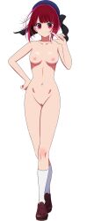 Rule 34 | 1girl, arima kana, breasts, closed mouth, dot mouth, dot nose, hand on own hip, hat, highres, medium breasts, nude, oshi no ko, pointing, pointing at self, pussy, red eyes, red hair, shoes, shoes only, short hair, simple background, socks, transparent background, uncensored