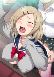 Rule 34 | 1girl, arm up, ass, blonde hair, blue skirt, blush, bow, bowtie, breasts, breath, censored, closed eyes, clothed sex, covered erect nipples, cum, cum in pussy, ejaculation, from above, hair ornament, hairclip, highres, jk fuuzoku gakuensai, joy ride, large breasts, legs, medium hair, moaning, mosaic censoring, no panties, open mouth, orgasm, original, penis, school uniform, sex, skirt, solo focus, standing, thighs, train, train interior, unzipped, vaginal