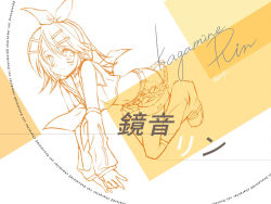 Rule 34 | 1girl, belt, blush, character name, dated, detached sleeves, hair ornament, hair ribbon, hairclip, highres, kagamine rin, lineart, looking at viewer, monochrome, navel, orange theme, rei (artist), rei (rei&#039;s room), ribbon, shoes, short hair, shorts, shudou rima, signature, smile, solo, vocaloid, yellow theme
