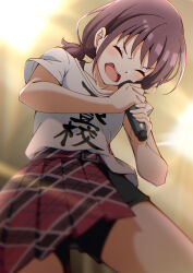Rule 34 | 1girl, black shorts, blurry, blurry background, closed eyes, commentary request, cowboy shot, girls band cry, highres, holding, holding microphone, iseri nina, microphone, motsutoko, music, open mouth, plaid, plaid skirt, pleated skirt, red hair, red skirt, shikai no sumi kuchiru oto, shirt, short sleeves, short twintails, shorts, singing, skirt, solo, twintails, white shirt