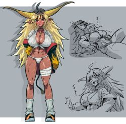 Rule 34 | 1girl, abs, bandages, black choker, breasts, choker, collared shirt, dark skin, earrings, full body, fundoshi, grey background, hand on own hip, hand on own stomach, highres, horns, huge breasts, jacket, japanese clothes, jari (1986), jewelry, loincloth, looking at viewer, monster hunter (series), multicolored hair, multiple scars, muscular, muscular female, necklace, one eye closed, open mouth, personification, pointy ears, rajang, red eyes, rock, scar, shadow, sharp teeth, shirt, shoes, sleeping, sneakers, socks, solo, teeth, thumbs up, white loincloth, zzz