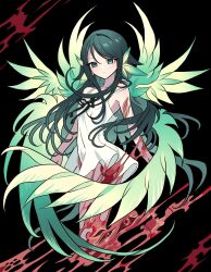Rule 34 | 1girl, armpits, black background, blood, cropped legs, dress, entrails, flipped hair, green eyes, green hair, green wings, hair wings, highres, light frown, long hair, looking at viewer, meremero, organs, outstretched arms, saya (saya no uta), saya no uta, simple background, solo, spread arms, sundress, torn skin, white dress, wings