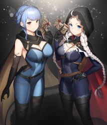 Rule 34 | 2girls, absurdres, ahoge, black cape, black footwear, black gloves, blue bodysuit, blue eyes, blue hair, bodysuit, boots, braid, breasts, cape, capelet, cleavage, commission, commissioner upload, crystal earrings, dhokidoki, earrings, fire emblem, fire emblem: three houses, fire emblem fates, fire emblem heroes, gloves, grey eyes, highres, hood, hood up, hooded cape, jewelry, large breasts, leather, long hair, low twin braids, marianne von edmund, medium breasts, multiple girls, nina (fire emblem), nintendo, non-web source, o-ring, official alternate costume, parted bangs, red capelet, simple background, skin tight, thigh boots, turtleneck, twin braids, two-tone bodysuit, two-tone cape, white hair, yellow cape